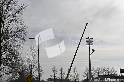 Image of installation of lighting equipment at the stadium 