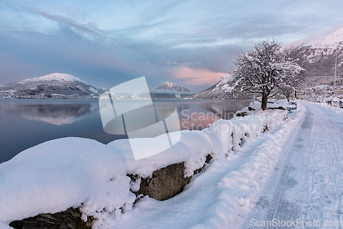 Image of Winter scenery with snow-covered path along a calm sea at twilig