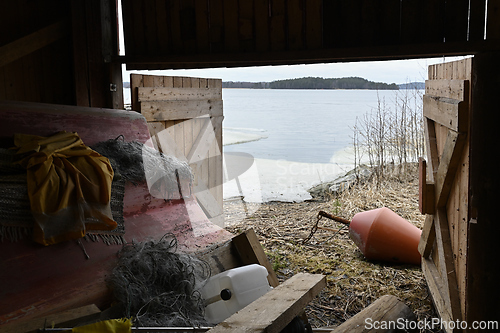 Image of view from the boathouse to the bay of the sea 