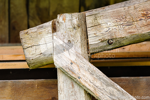 Image of Close view of wooden structure showing joints and textures in a 