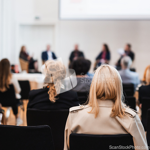 Image of Interview and round table discussion at business convention and presentation. Audience at the conference hall. Business and entrepreneurship symposium