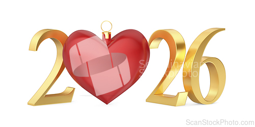 Image of Happy New Year 2026 with gred heart shaped Christmas ornament