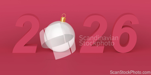 Image of Happy New Year 2026 with shiny white Christmas ornament