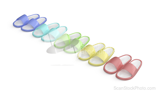 Image of Row of five pairs of rubber slides in different colors