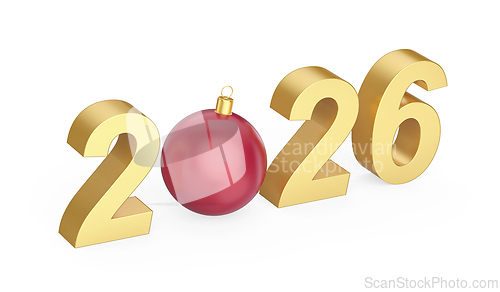 Image of Happy New Year 2026 with shiny red Christmas ornament