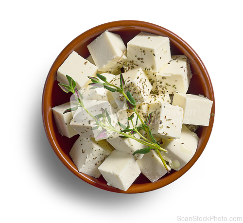 Image of bowl of fresh greek cheese cubes