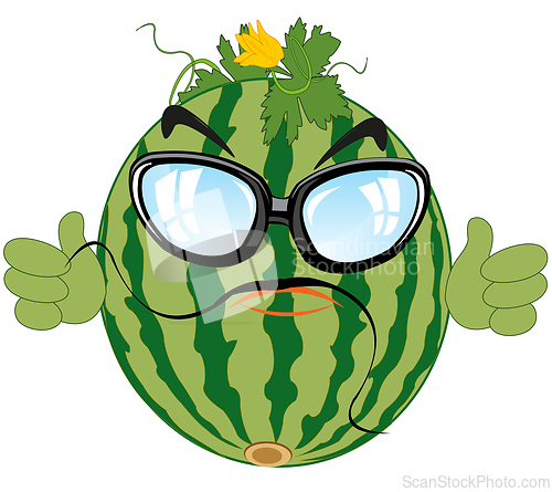 Image of Comic illustration of the alive watermelon bespectacled and with hand