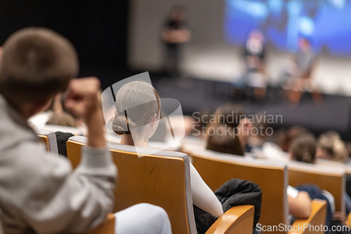 Image of Interview and round table discussion at business convention and presentation. Audience at the conference hall. Business and entrepreneurship symposium