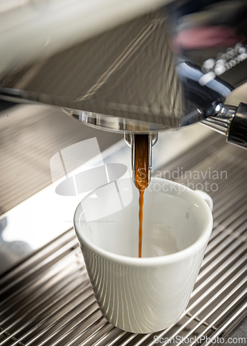 Image of Professional coffee machine pouring espresso coffee