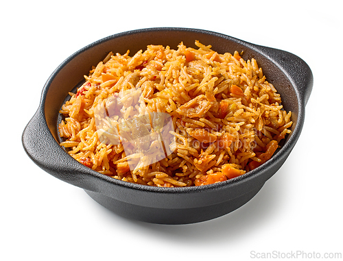 Image of bowl of spicy rice with chicken meat and carrots