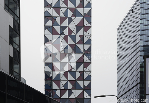 Image of modern office buildings against the backdrop of the northern lig