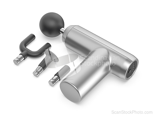 Image of Silver massage gun with massage heads