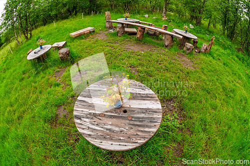 Image of Rustic gathering spot in nature with wooden tables and flower po