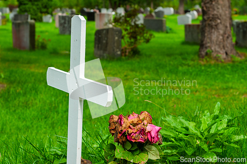 Image of Beautiful resting place with a white cross and wilted flowers su