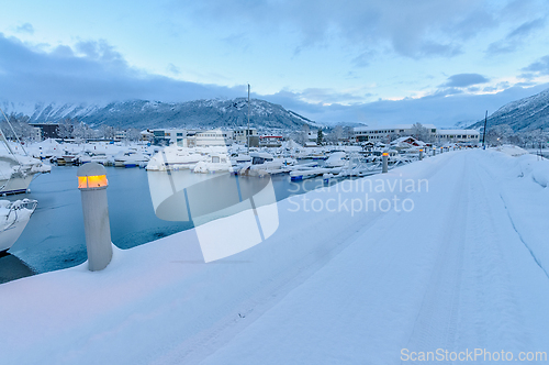 Image of Serene winter harbor scene at dawn with fresh snow covering boat