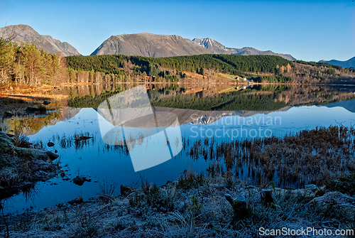 Image of Reflections of serene mountains and clear skies on a calm lake i
