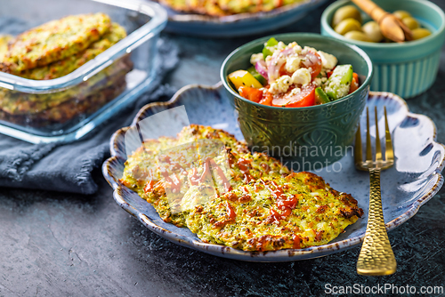Image of Gluten free zucchini and broccoli oven baked pancakes, low carb diet