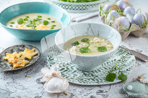 Image of Fresh vegetable detox soup made of green vegetables and herbs with purslane