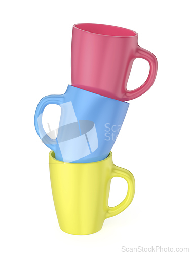 Image of Stack of three colorful ceramic mugs