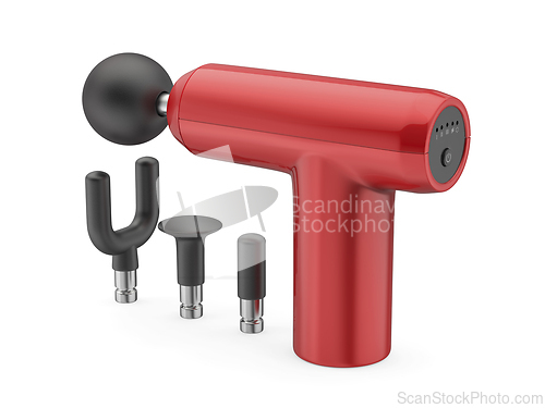 Image of Red massage gun with various massage heads