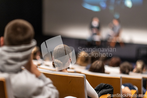 Image of Interview and round table discussion at business convention and presentation. Audience at the conference hall. Business and entrepreneurship symposium