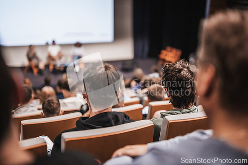 Image of Interview and round table discussion at business convention and presentation. Audience at the conference hall. Business and entrepreneurship symposium