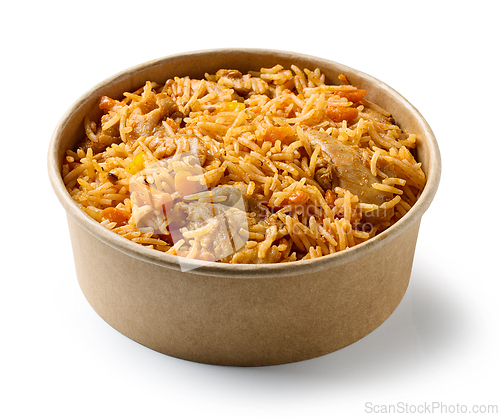 Image of take away box of spicy rice with chicken meat and carrots