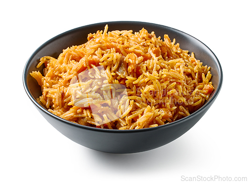 Image of bowl of spicy rice with chicken meat and carrots