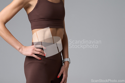 Image of Close up of fit woman abs in brown sportswear on gray background