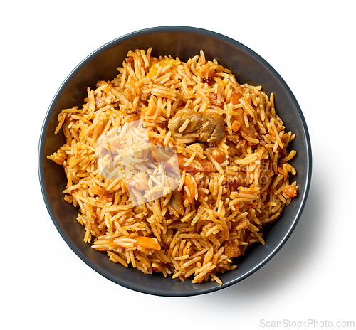 Image of bowl of spicy rice with chicken meat and carrots