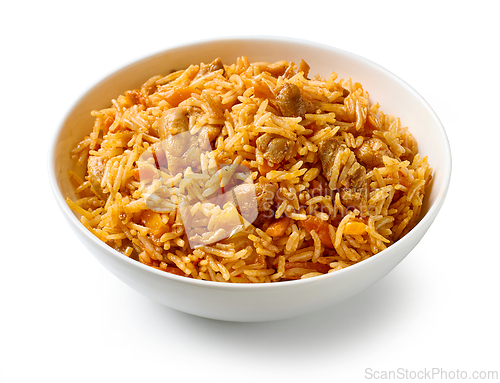 Image of bowl of spicy rice with chicken meat and carrots