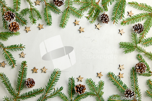 Image of christmas tree and decorations, Christmas card