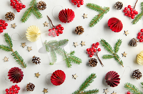 Image of christmas ornaments and decorations, Christmas card