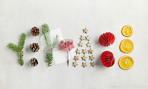 Image of christmas ornaments and decorations, Christmas card
