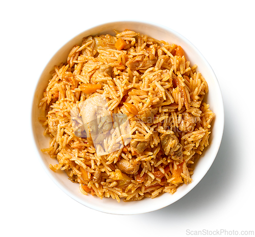 Image of bowl of spicy rice with chicken meat and carrots