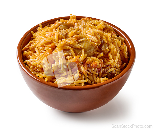 Image of bowl of spicy rice with chicken meat and carrots
