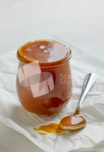 Image of freshly cooked homemade caramel sauce in jar