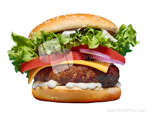 Image of fresh tasty burger on white background