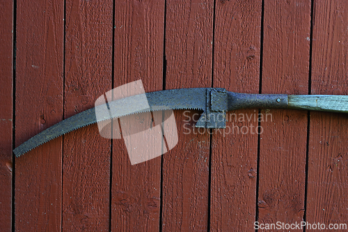Image of old rusty garden saw for branches on a red barn wall 