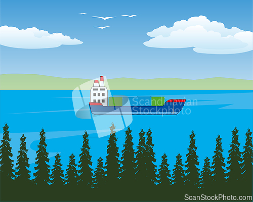 Image of Big river in wood and ship with container