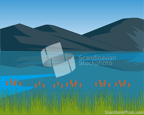 Image of Colorful landscape lake in mountain and bulrush