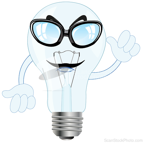 Image of Comic illustration of the electric light bulb bespectacled and with hand