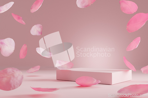 Image of Pink product podium placement on solid background with rose peta