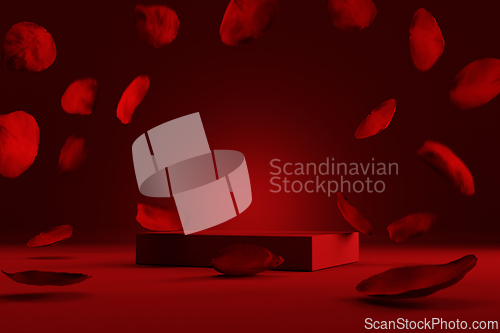Image of Red product podium placement on solid background with rose petal