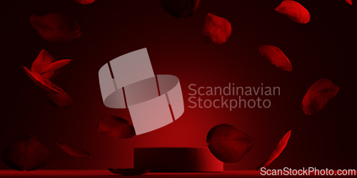 Image of Red product podium placement on solid background with rose petal