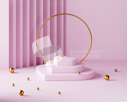 Image of Valentine heart podium with golden pearls and gold frame. Love 3
