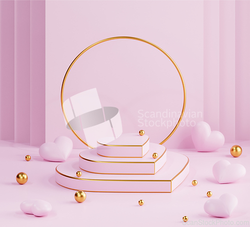 Image of Valentine heart podium with golden pearls and gold frame. Love 3