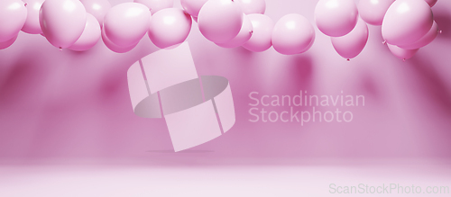 Image of Pink party balloons fly on pastel studio background. Valentines 