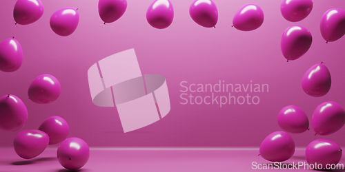 Image of Pink party balloons fly on pastel studio background. Valentines 