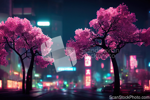 Image of Futuristic city with neon lights and abstract sakura trees. Mode